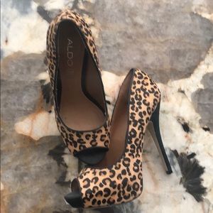 Cheetah print peep toe platform heels